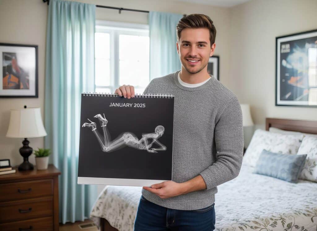 1. Young man holding an X-ray calendar for January 2025, demonstrating health and fitness themes with a stylish cozy bedroom background.