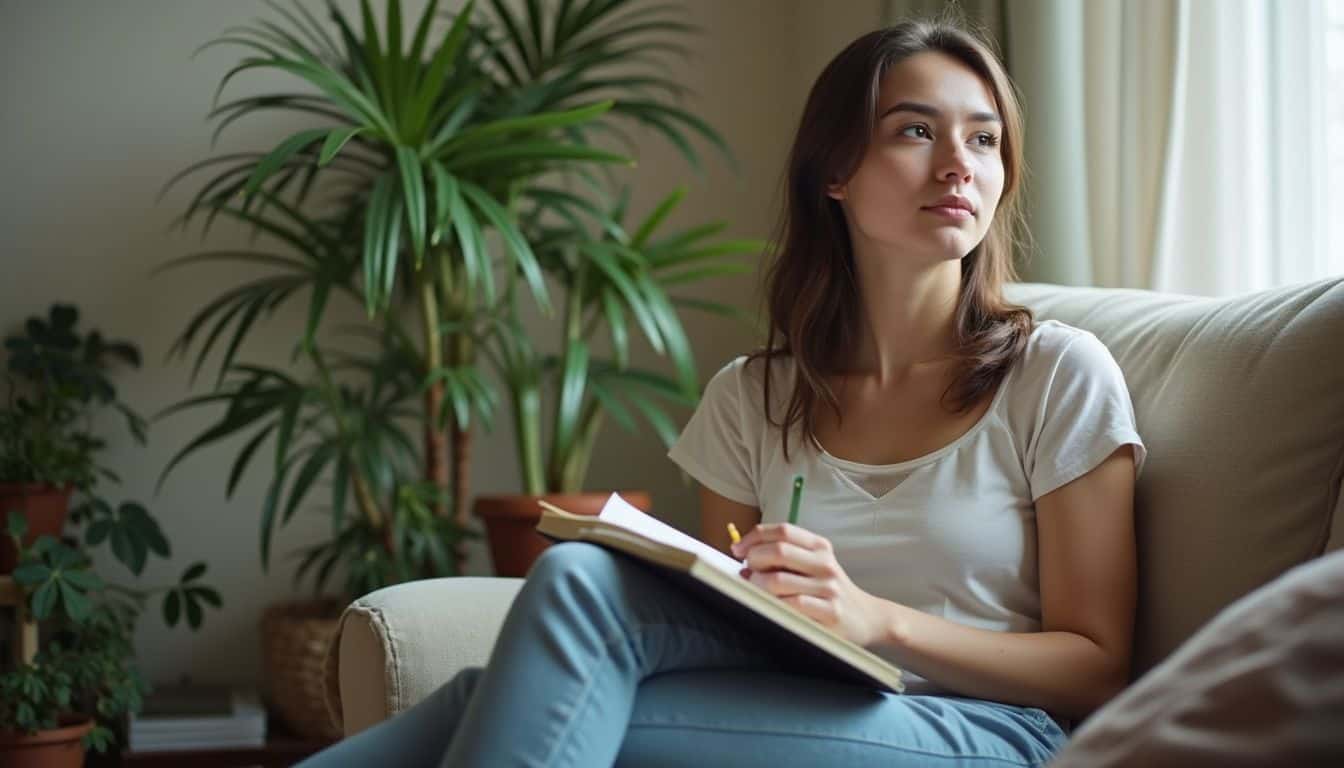 A thoughtful young woman relaxing on a beige sofa, holding a notebook and pen, with lush green indoor plants surrounding her, perfect for lifestyle and mental wellness content.