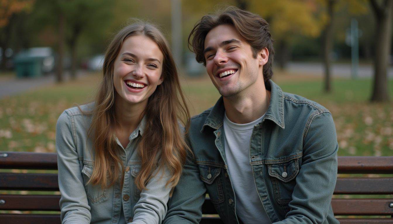 Young smiling couple sitting on park bench in autumn scenery, happy and relaxed in outdoor setting.