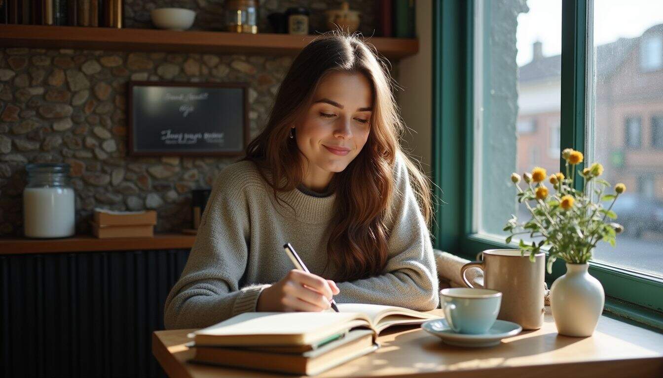 Unfinished Man lifestyle, leisure, young woman, writing, cozy cafe, morning, relaxation, natural light, modern decor.