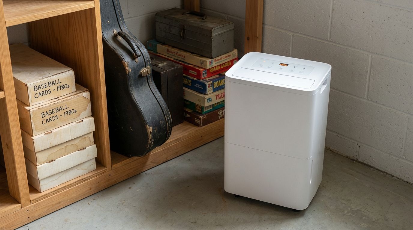 A modern dehumidifier running in a basement corner next to a shelf of collectibles. A modern dehumidifier running in a basement corner next to a shelf of collectibles.