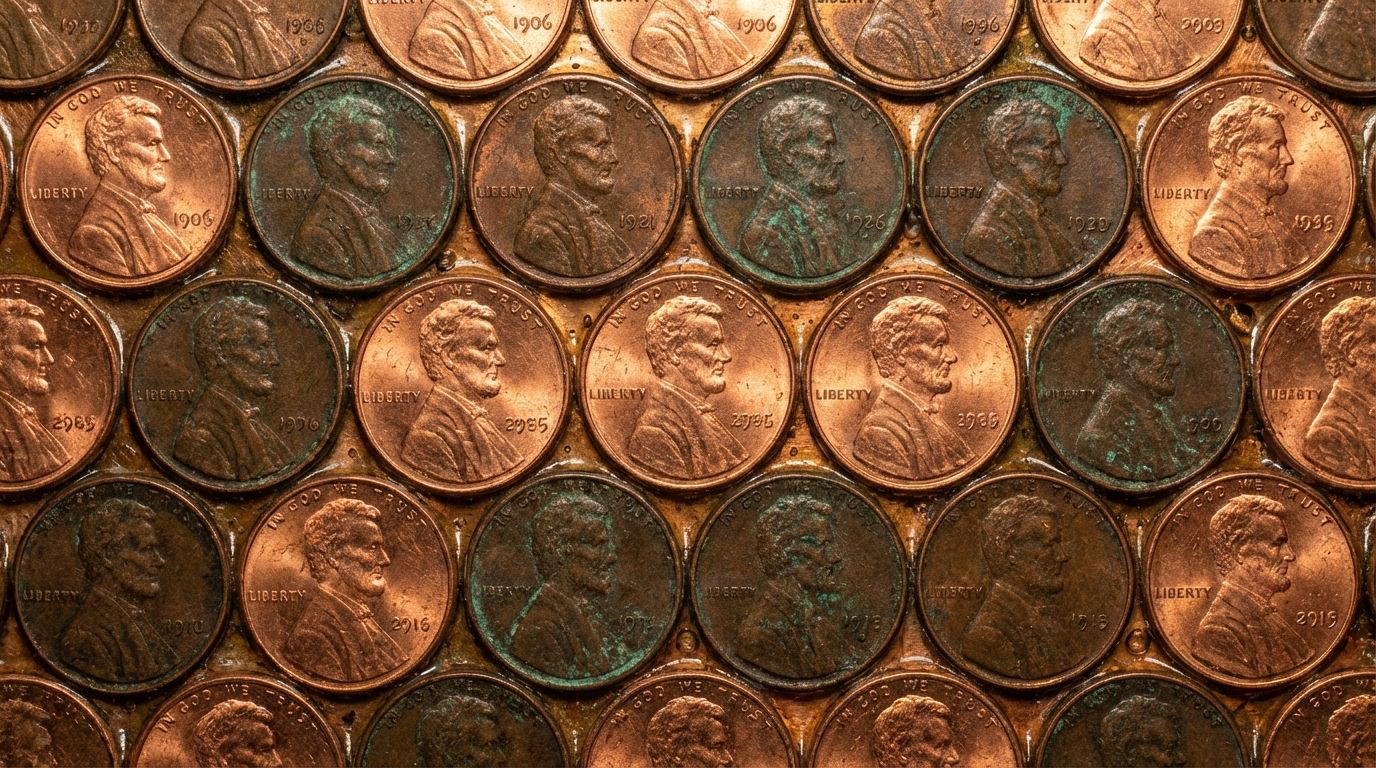 Extreme close-up of a DIY floor made from copper pennies. Extreme close-up of a DIY floor made from copper pennies.