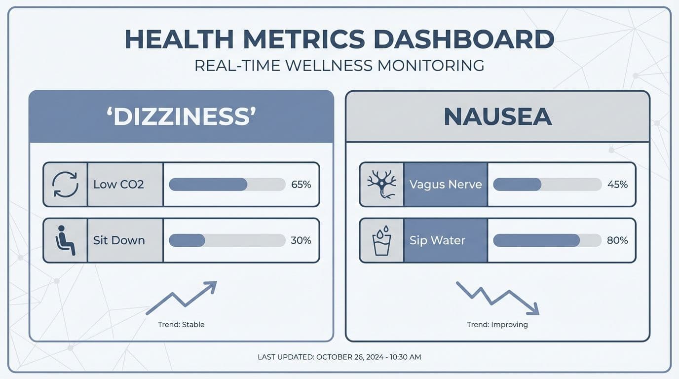 A comparison chart outlining causes and quick fixes for Dizziness and Nausea. Healthy Lifestyle and Wellness Metrics.