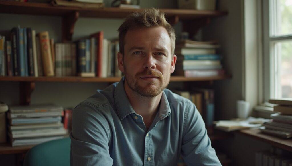 A man sitting in a home office surrounded by bookshelves filled with books, wearing a light blue shirt, looking confidently at the camera.