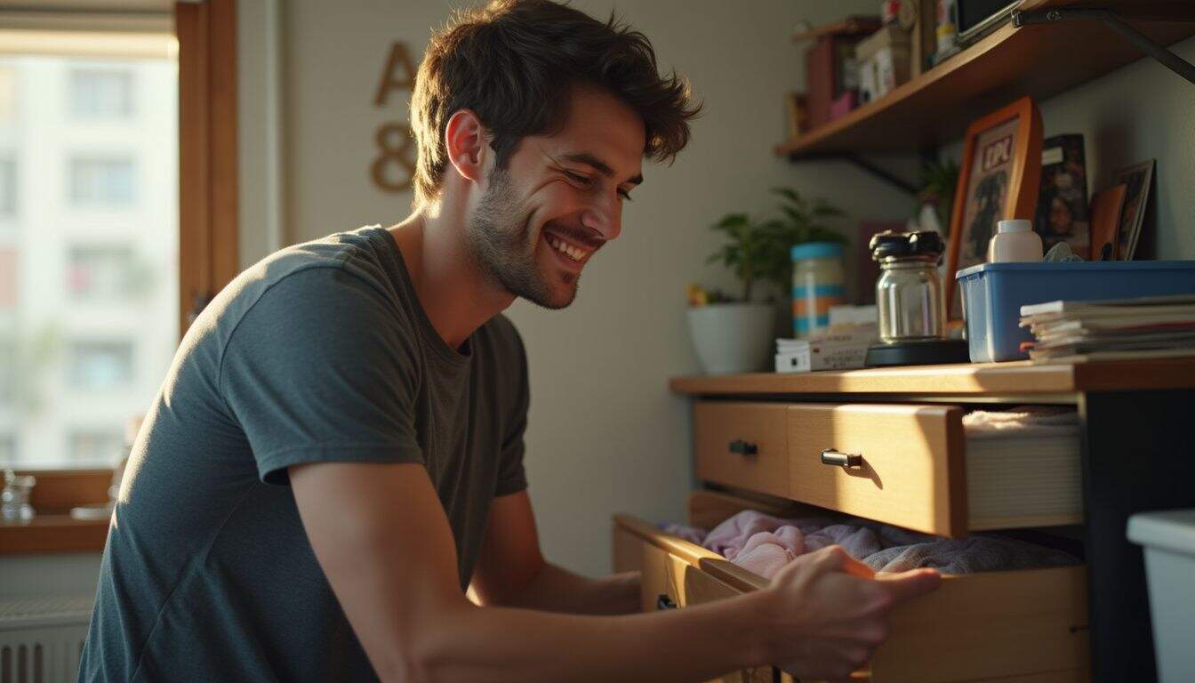 Happy man exploring personal belongings in a warm, well-lit home environment.
