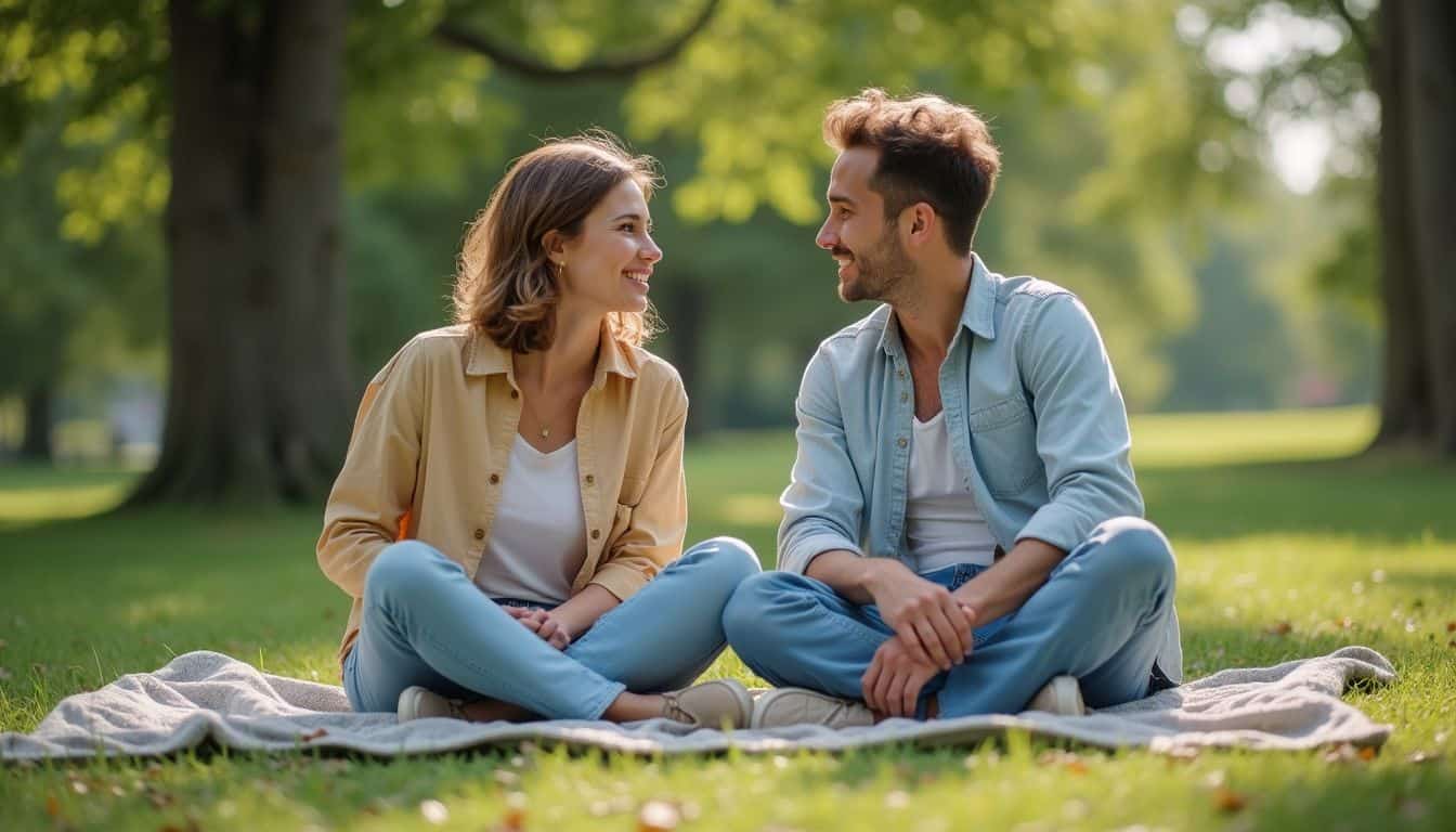 Enjoy a romantic moment with a smiling couple sitting on a picnic blanket in a lush green park, perfect for outdoor dating, relationships, and leisure activities.