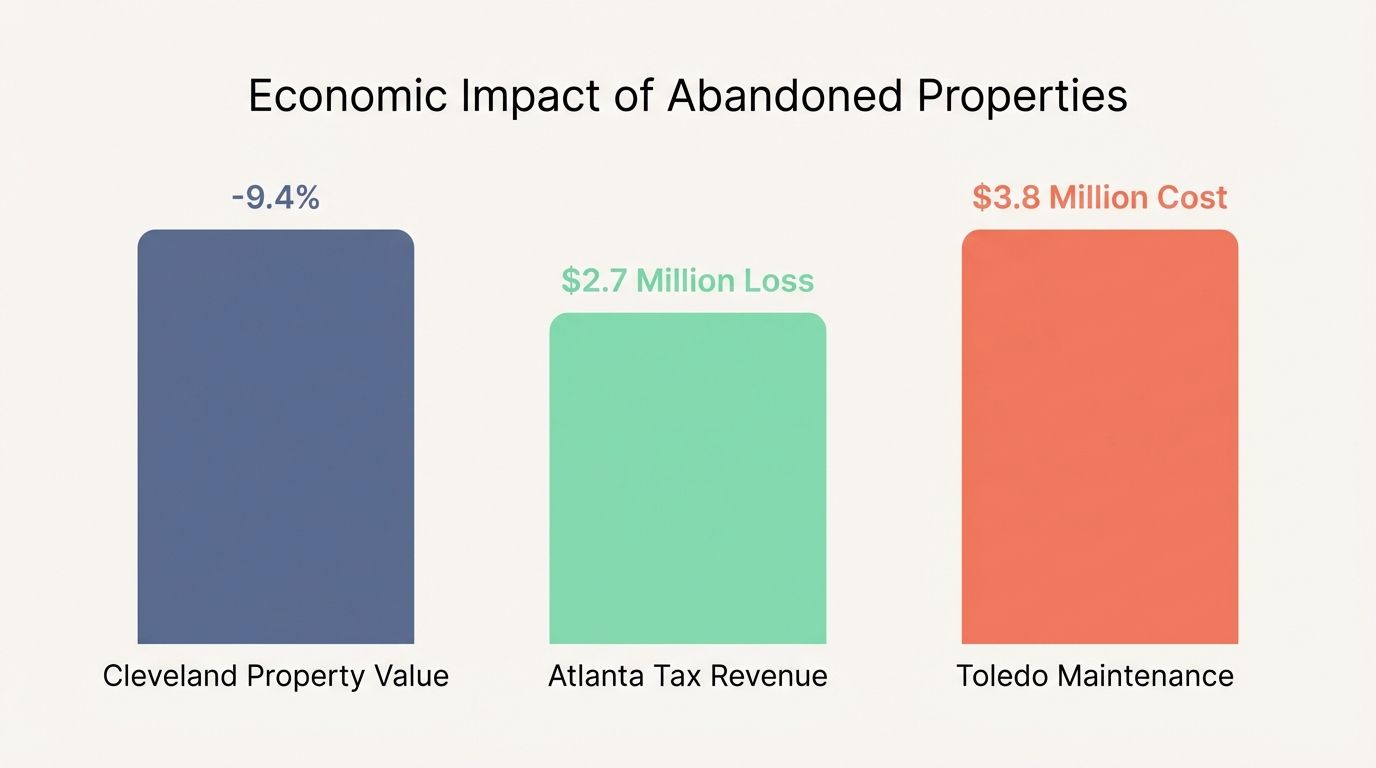 Bar chart showing the economic impact of abandoned homes on Cleveland, Atlanta, and Toledo. Bar chart showing the economic impact of abandoned homes on Cleveland, Atlanta, and Toledo.