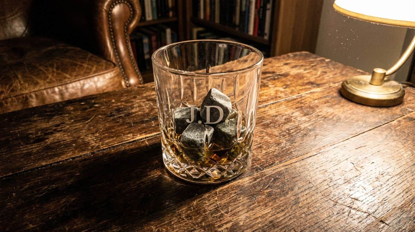 A whiskey glass with etched initials and chilling stones on a wooden surface. A close-up of a whiskey glass with ice cubes, monogrammed with J.D., on a vintage wooden table next to a classic brass table lamp, evoking a sophisticated, masculine ambiance for gentleman's leisure.