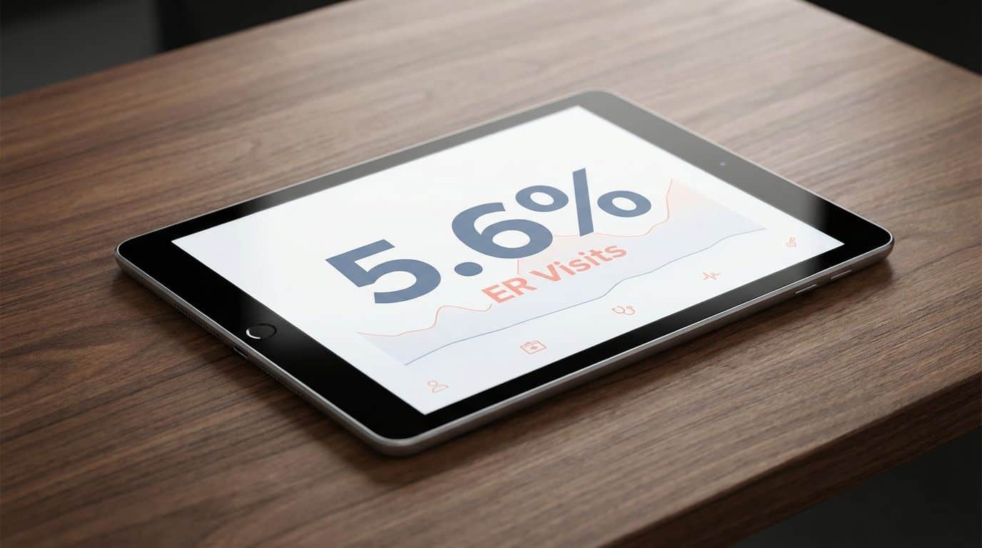 A digital display showing the statistic 5.6% related to ER visits. Tablet showing ER visits data for healthcare insights.