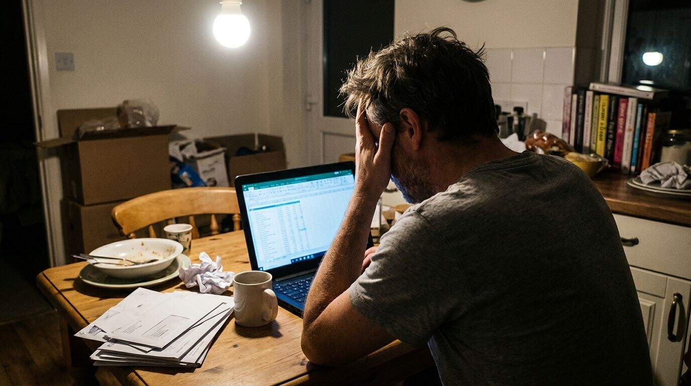 A candid photo of a man looking stressed while reviewing financial documents. Overwhelmed man sitting at a cluttered kitchen table, distressed while working on his laptop with documents and coffee, highlighting stress and work-life balance challenges.