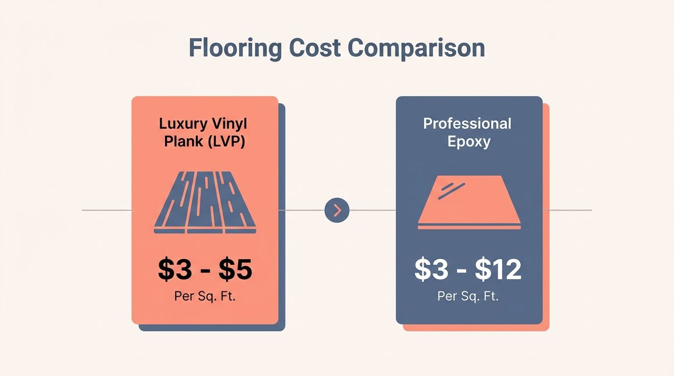 Comparison chart showing costs of Luxury Vinyl Plank versus Professional Epoxy flooring. Comparison chart showing costs of Luxury Vinyl Plank versus Professional Epoxy flooring.