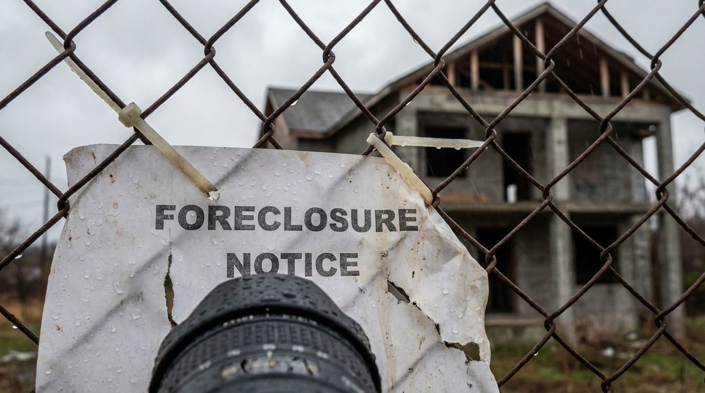 A close-up of a foreclosure notice attached to a chain-link fence at a construction site. A close-up of a foreclosure notice attached to a chain-link fence at a construction site.