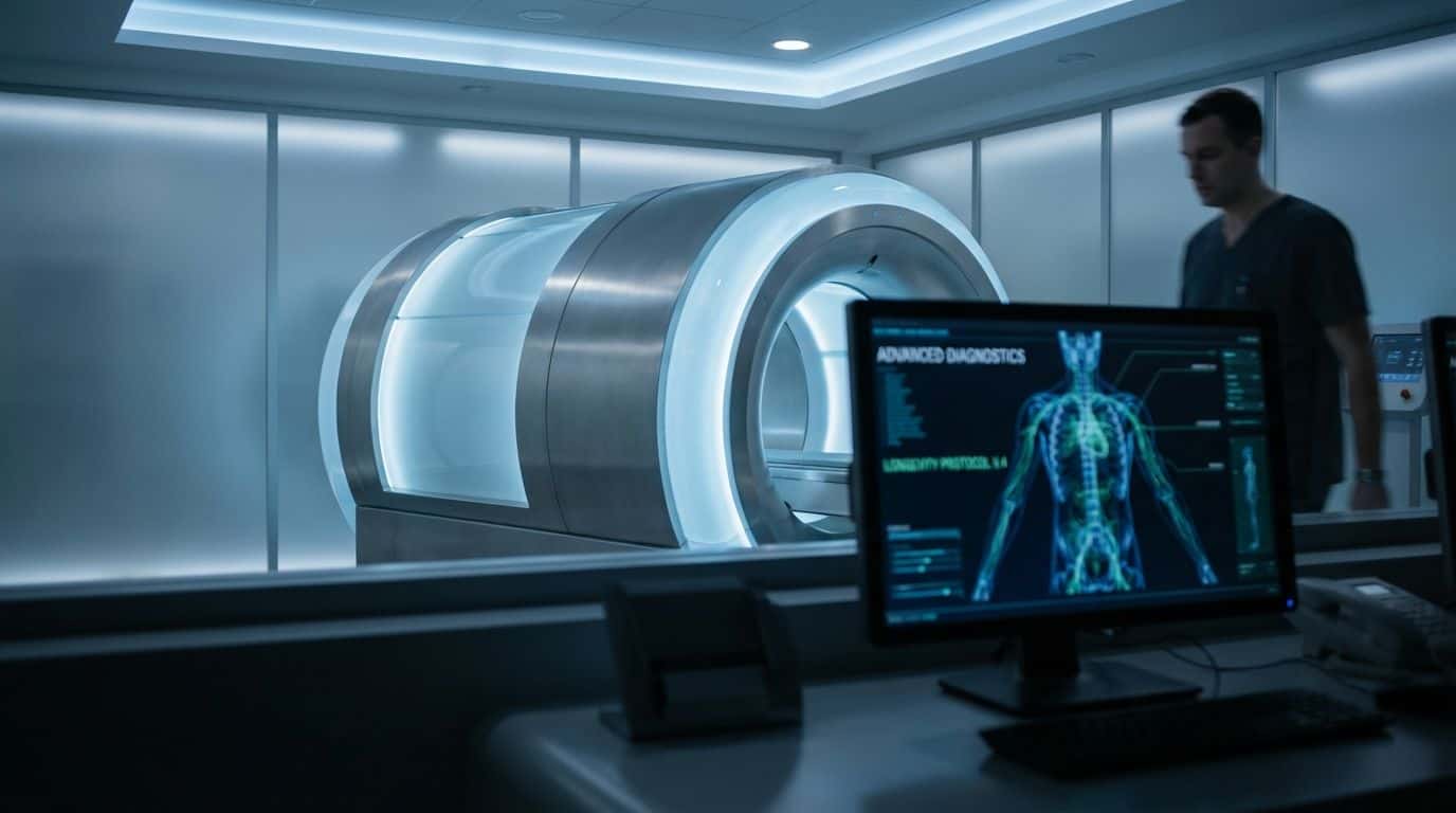 High-tech medical MRI scan room with advanced diagnostic equipment and a healthcare professional analyzing results. Focus on modern medical technology, diagnostics, and healthcare innovation.