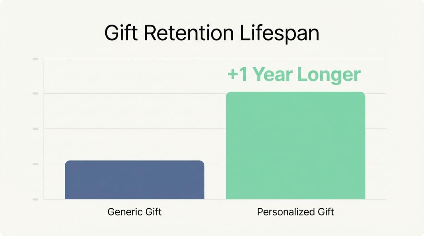 Bar chart comparing retention time of generic versus personalized gifts. Alt: Bar chart showing that personalized gifts increase retention and longevity compared to generic gifts for men.