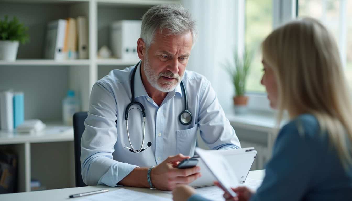 A middle-aged man appears relaxed yet slightly worried while reviewing papers in a doctor's office during an appointment. A middle-aged man appears relaxed yet slightly worried while reviewing papers in a doctor's office during an appointment.