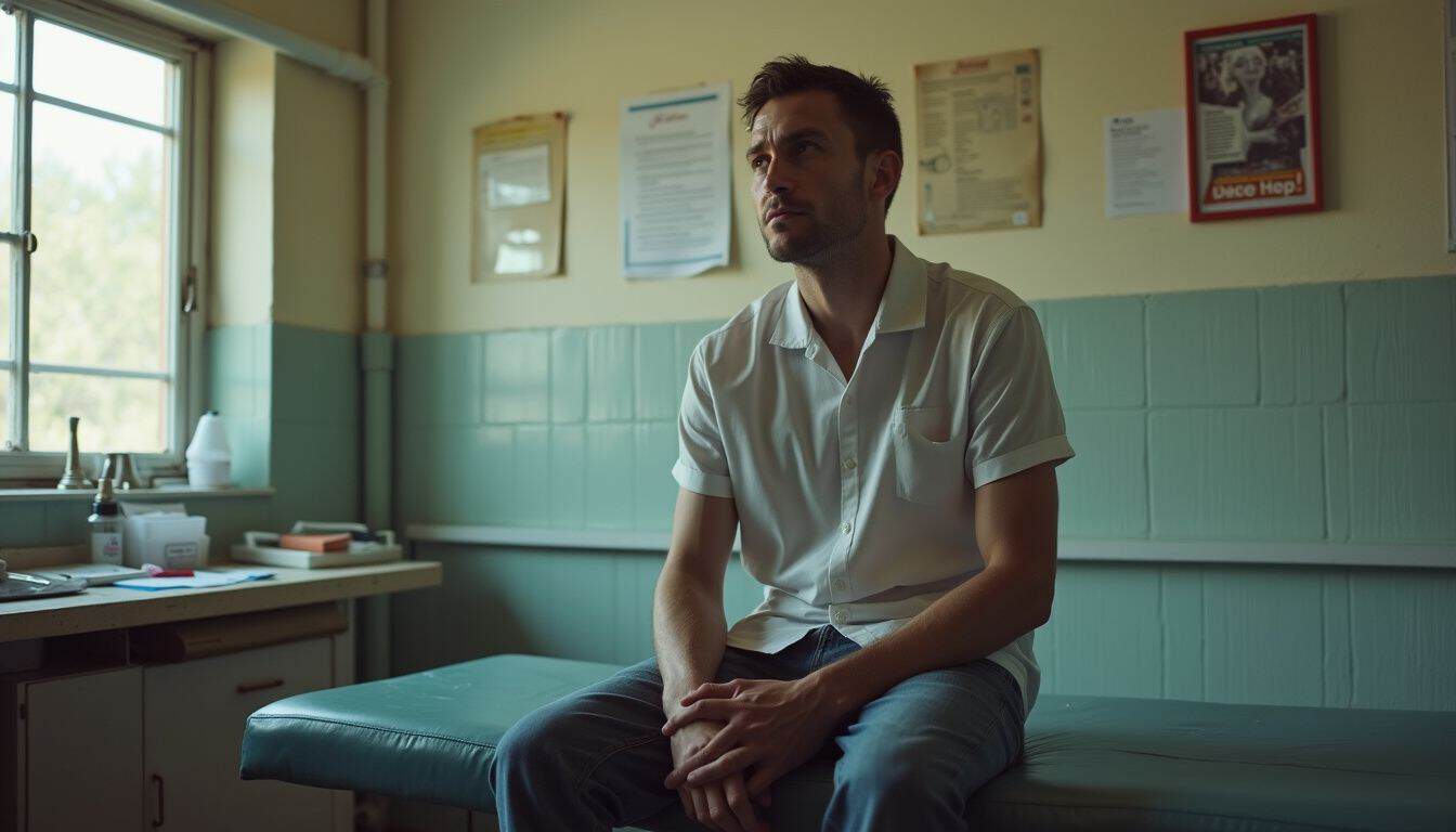 A casually dressed man sits on a worn exam table in a cluttered doctor's office, looking pensive while waiting. A casually dressed man sits on a worn exam table in a cluttered doctor's office, looking pensive while waiting.