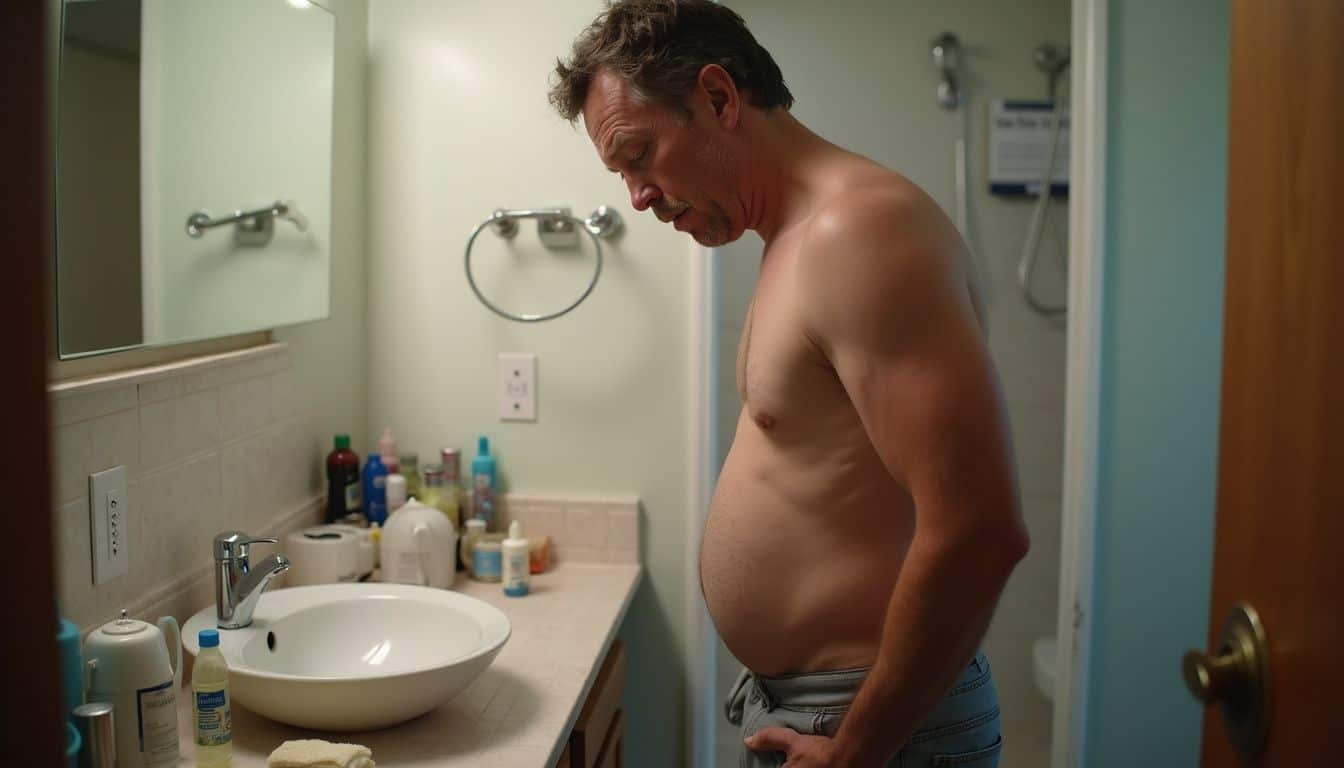 A man in his 30s observes his swollen groin area, expressing discomfort in a cluttered bathroom. A man in his 30s observes his swollen groin area, expressing discomfort in a cluttered bathroom.