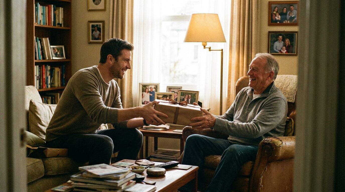 A younger man handing a gift to an older man in a living room setting. giving gift father son 0873