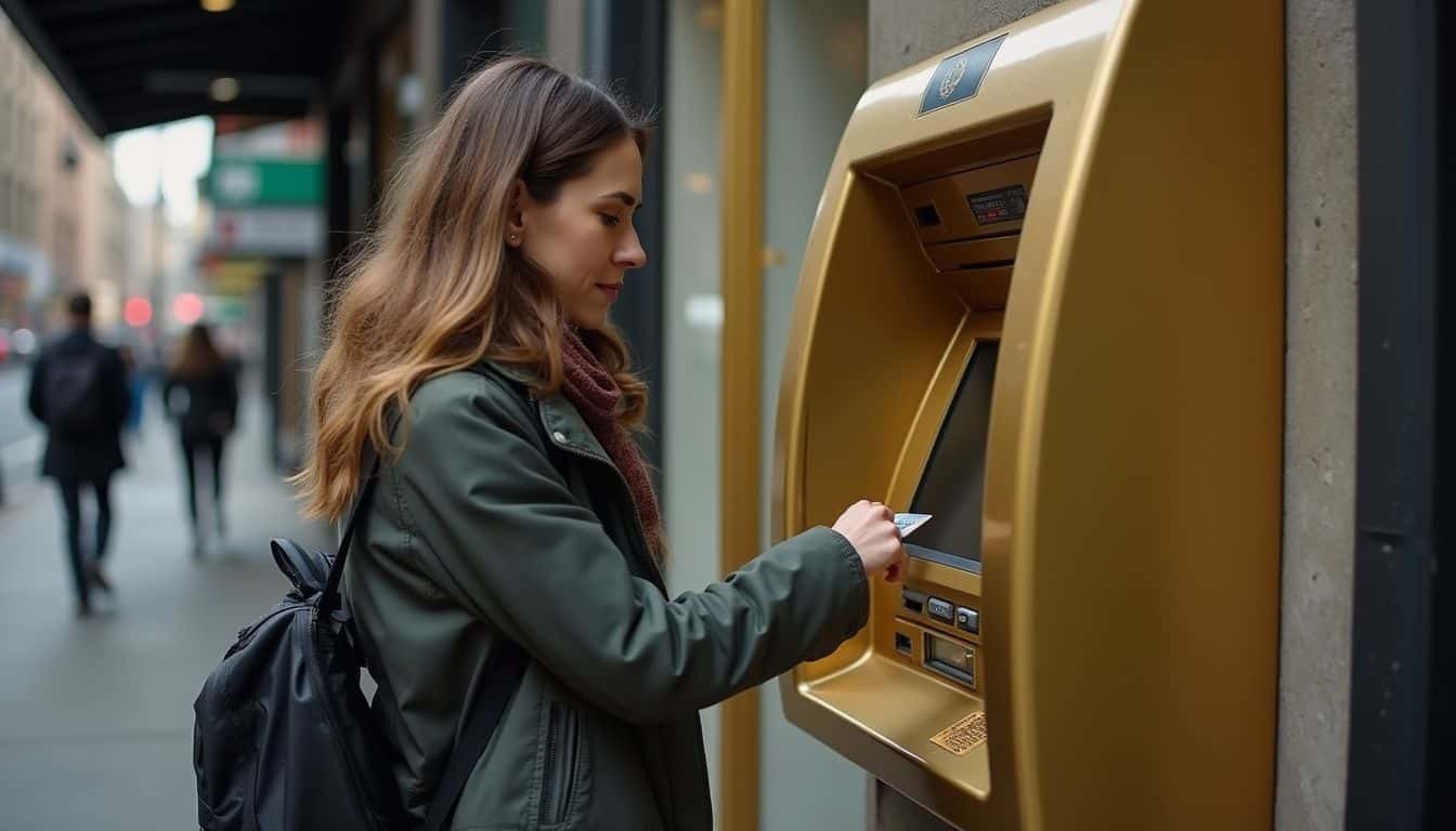 ATM machine transaction in an urban setting, woman using a credit card for withdrawal or deposit, city street background, casual fall jacket, focused on banking and financial services, outdoors, modern ATM technology, street scene, city life.