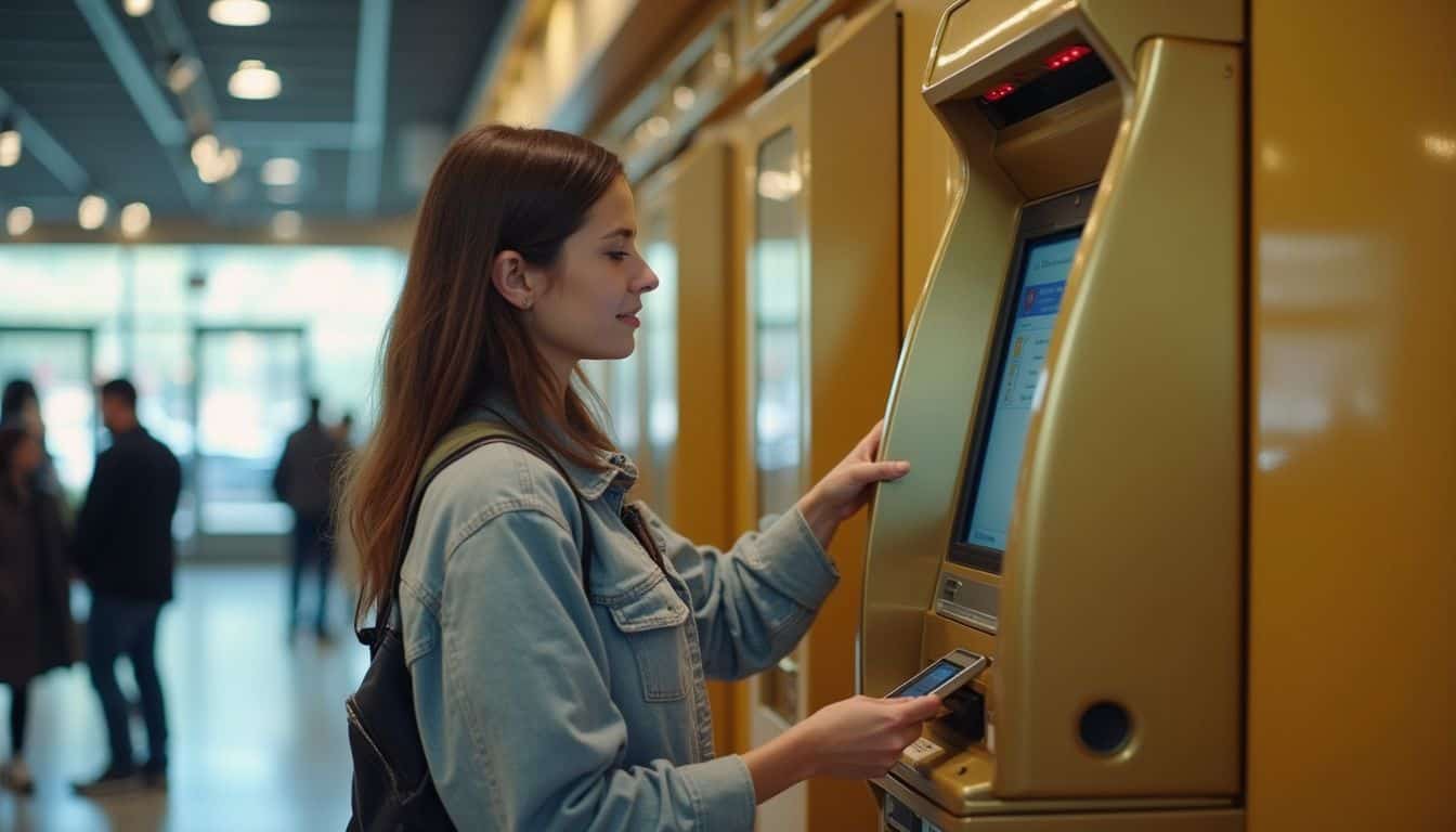 ATM withdrawal at the airport with a woman using her smartphone in a modern, busy terminal. Young woman in casual denim jacket interacts with ATM machine during travel.