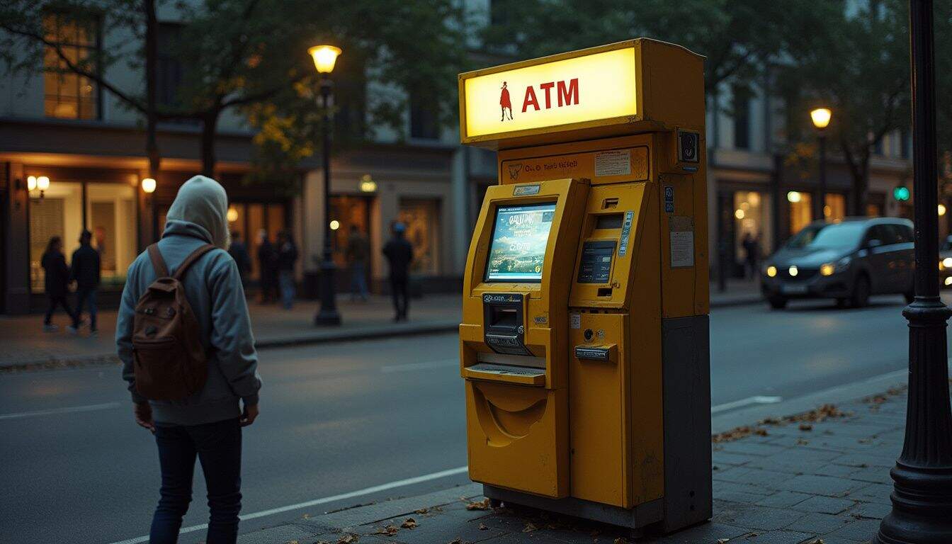 ATM machine on city street during evening with person in hoodie and backpack nearby.