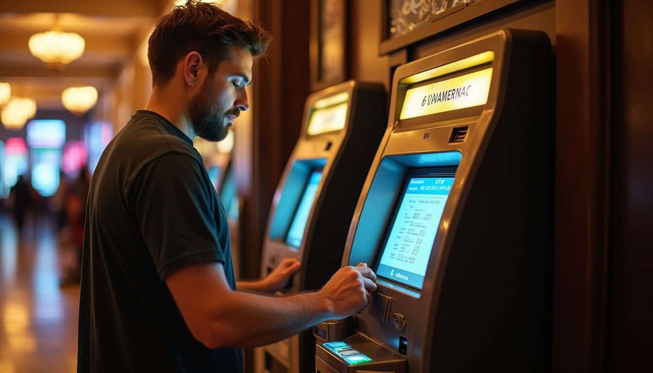 A young man using a slot machine at a casino, focused on his game, with warm ambient lighting creating a lively and engaging gambling environment.