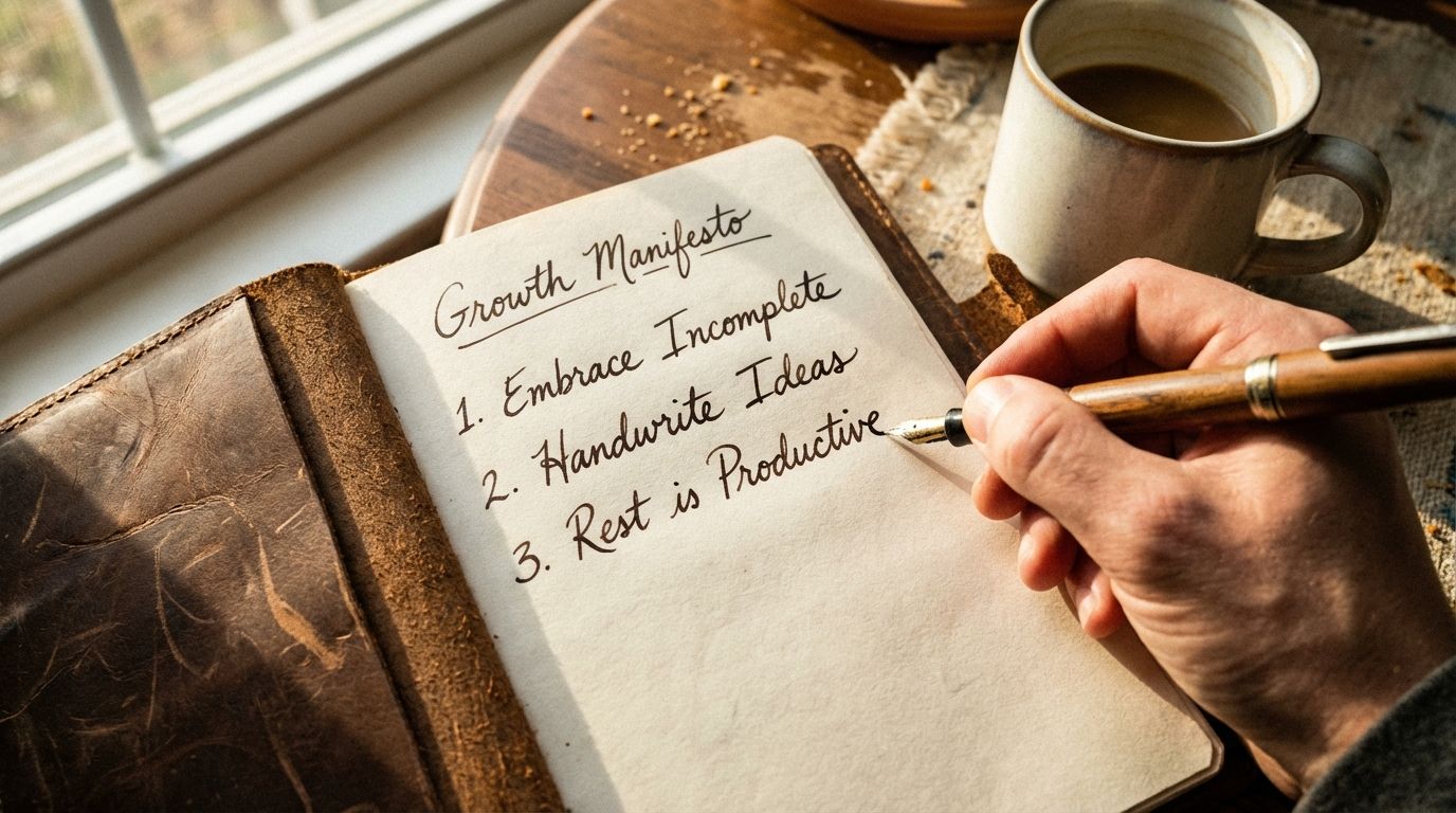 Handwritten list in a notebook summarizing key takeaways for creative growth. Handwritten list in a notebook summarizing key takeaways for creative growth.