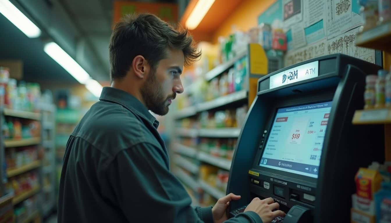 ATM machine transaction at a convenience store with a young man using the ATM.