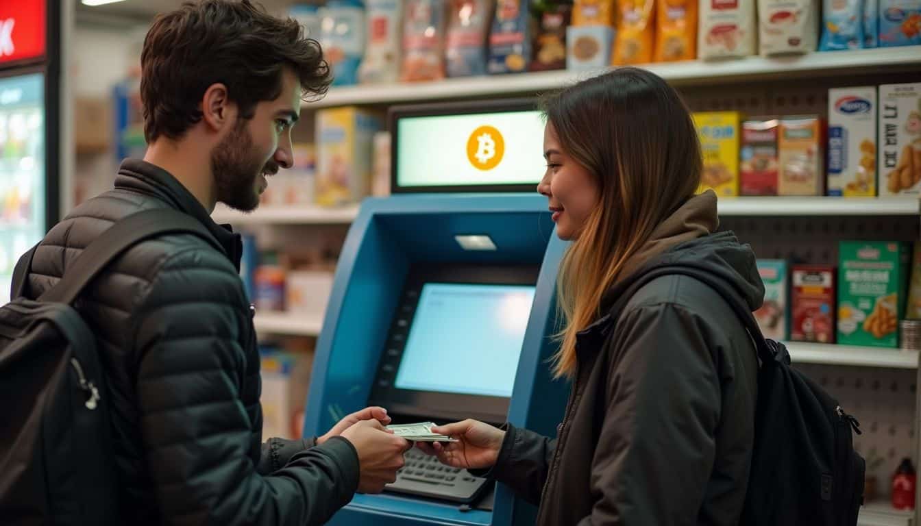 Bitcoin ATM transaction at convenience store, young man selling cryptocurrency to woman, digital currency exchange, modern financial technology, Unfinished Man style.