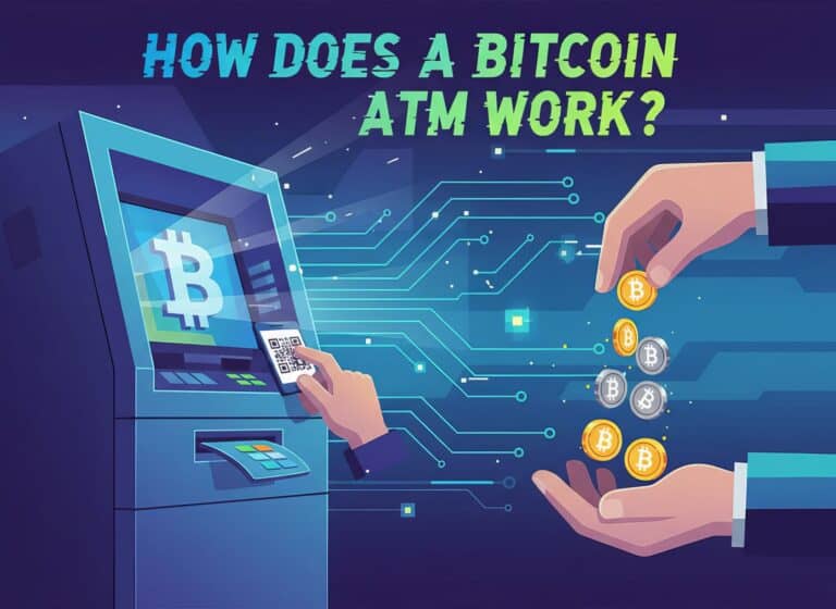 Digital bitcoin ATM machine processing cryptocurrency transactions with digital currency exchange concept.