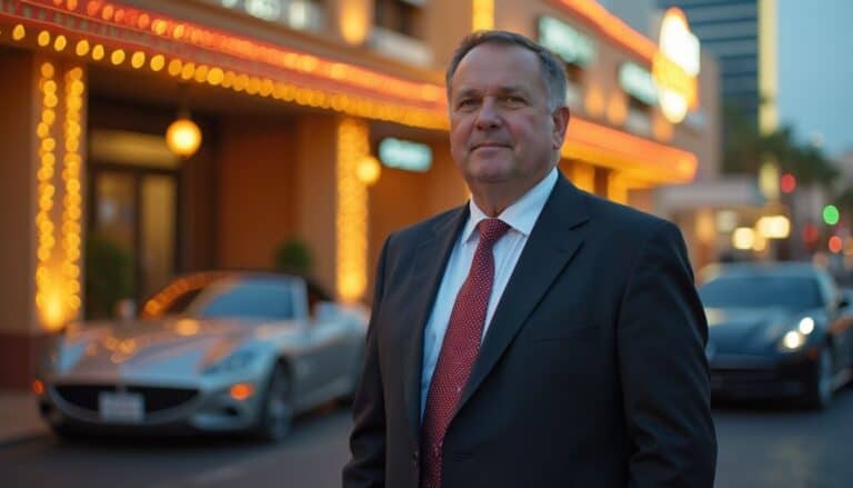 Elegant middle-aged businessman in formal suit standing in city street with luxury sports cars at night, illuminated buildings, and vibrant city lights, emphasizing success, confidence, and professional lifestyle.