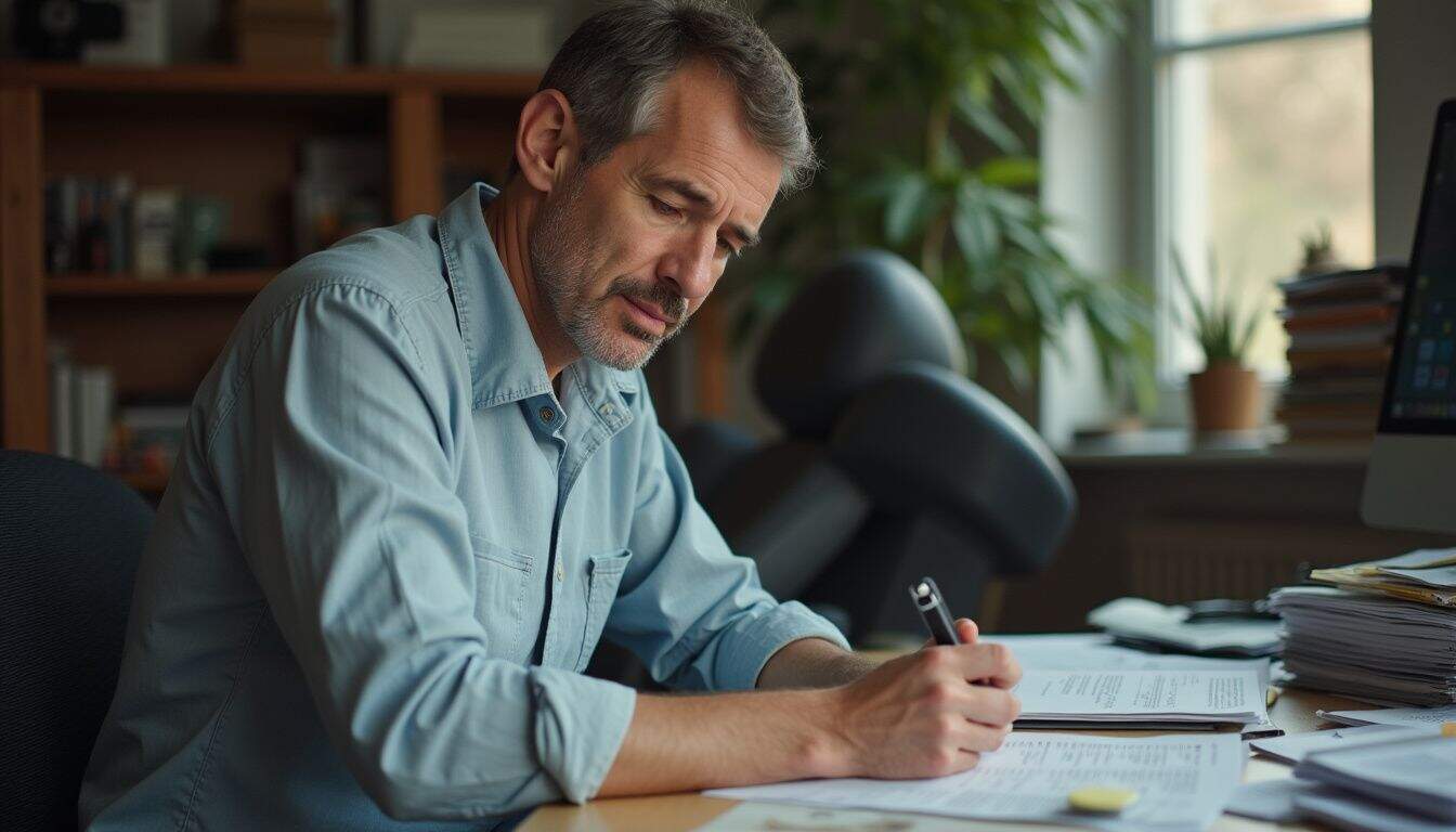 A man in his 40s is casually sorting through paperwork at a messy desk in a lived-in space. Overworked middle-aged man analyzing documents at cluttered home office, focused and thoughtful.