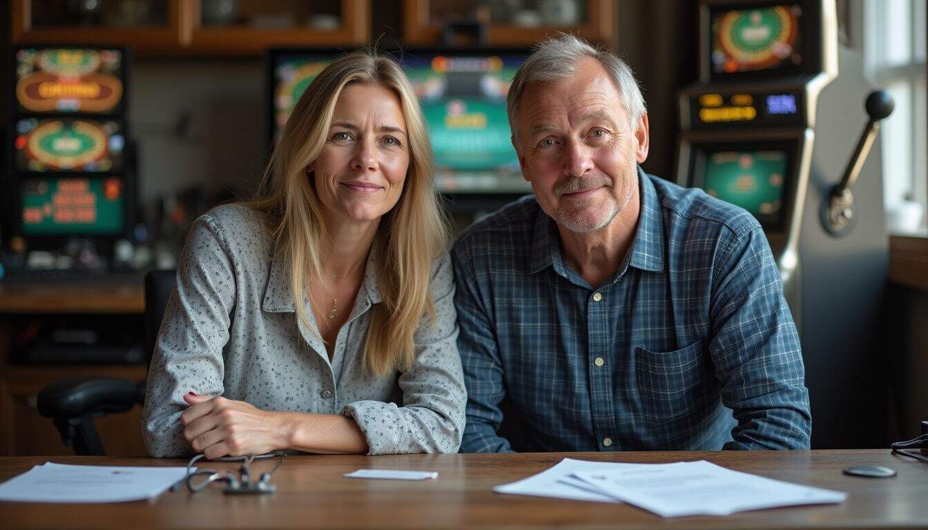 A casual snapshot of a man and woman sitting at a cluttered table surrounded by casino game screens and an old slot machine. Comfortable older couple at gambling casino playing poker, smiling, with poker chips and cards on table, gaming room background, leisure, entertainment, and casino lifestyle.
