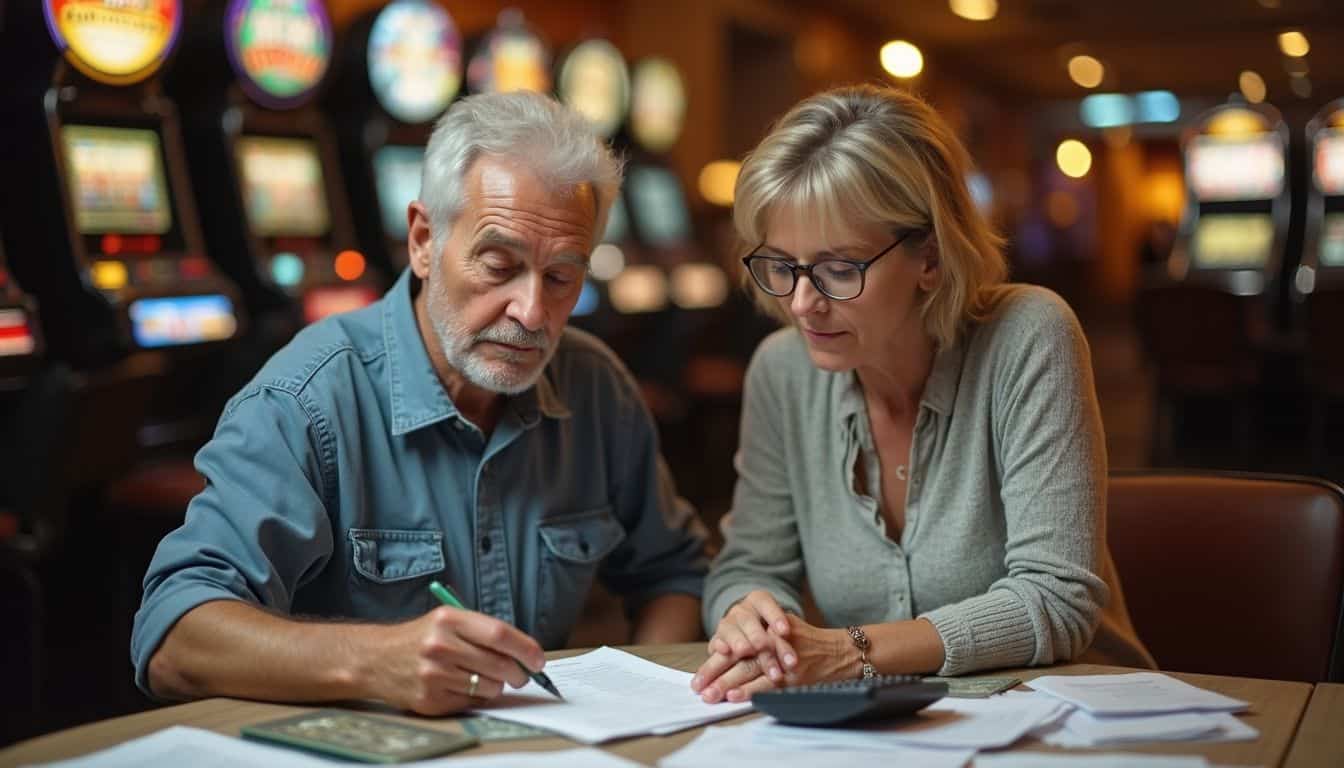 A middle-aged couple reviews paperwork at a cluttered table, with casino machines visible in the background. An elderly man and woman discussing documents at a casino, focusing on financial planning, gambling strategies, or gaming regulations in a lively environment with slot machines in the background.
