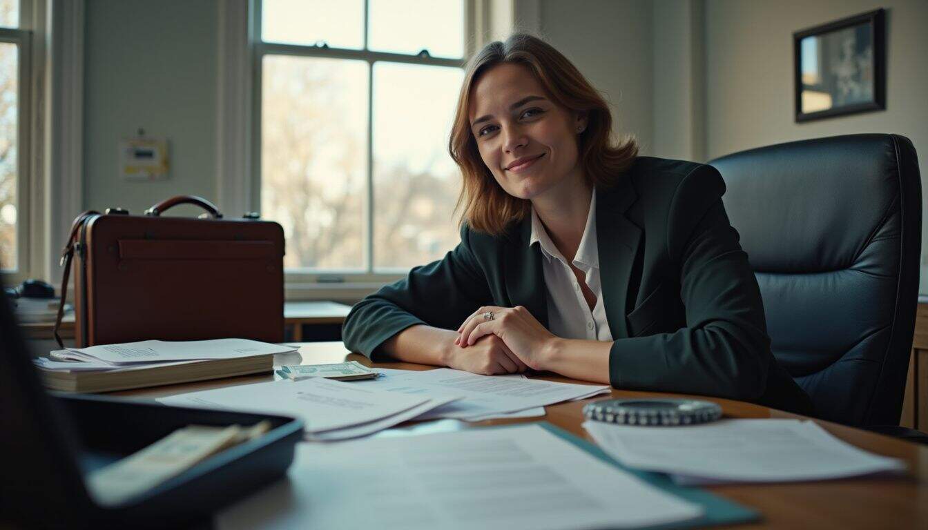 A relaxed person sits in an unposed office surrounded by scattered papers and an open briefcase, reflecting a typical workday. Confident woman in business suit smiling at desk in office, professional workplace, female executive, modern corporate environment, business success, leadership, office workspace, career achievement, Unfinished Man.