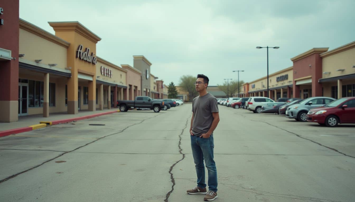A casually dressed person stands in a worn-out strip mall parking lot, appearing lost in thought amidst the messy surroundings. Young man standing alone in empty shopping center parking lot, casual style, overcast sky, lack of crowd, urban environment, lifestyle, solitude, contemplation, fashion.