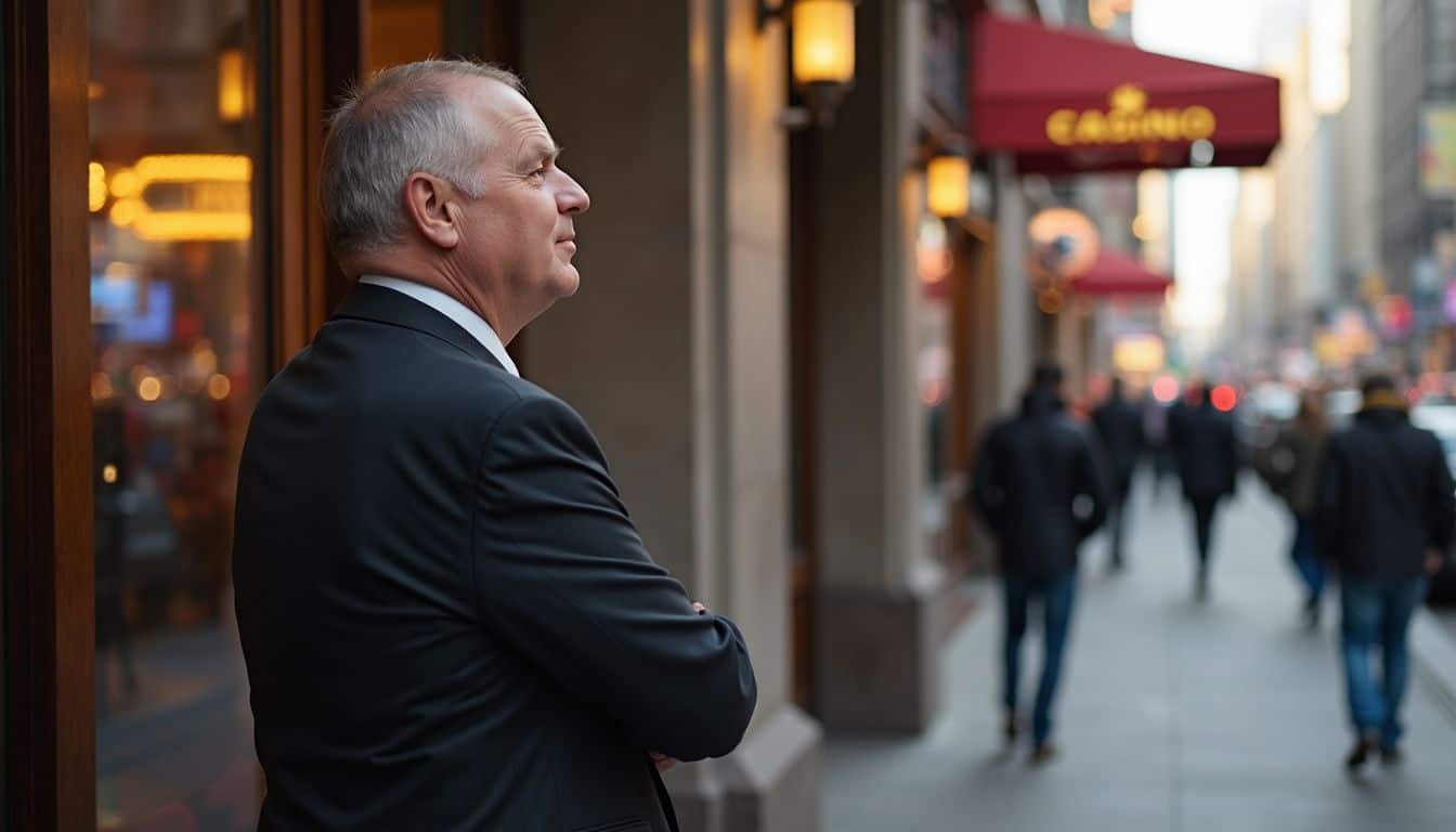 A man in a dark suit stands outside a casino, observing the lively activity inside with a thoughtful expression. Reflective senior businessman standing on city sidewalk, dressed in formal suit, observing urban surroundings, embodying confidence, success, and professional elegance in a bustling metropolitan environment.