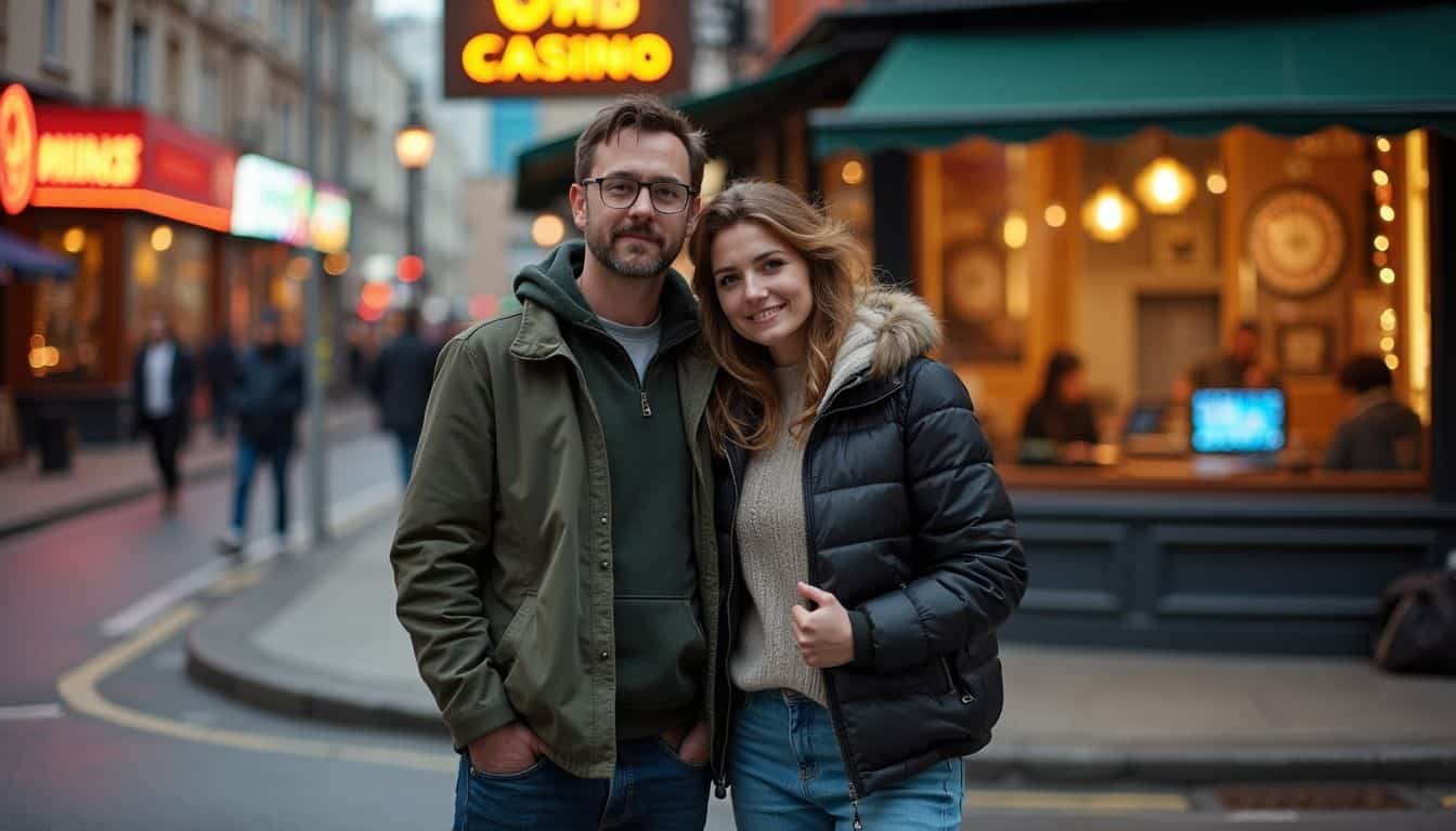A man and woman relax at a street corner beside a bustling casino and a cozy living room. Casual young couple smiling on city street at night with illuminated casino sign in background, outdoor urban nightlife, fashionable clothing, leisure, friendship, vibrant atmosphere.