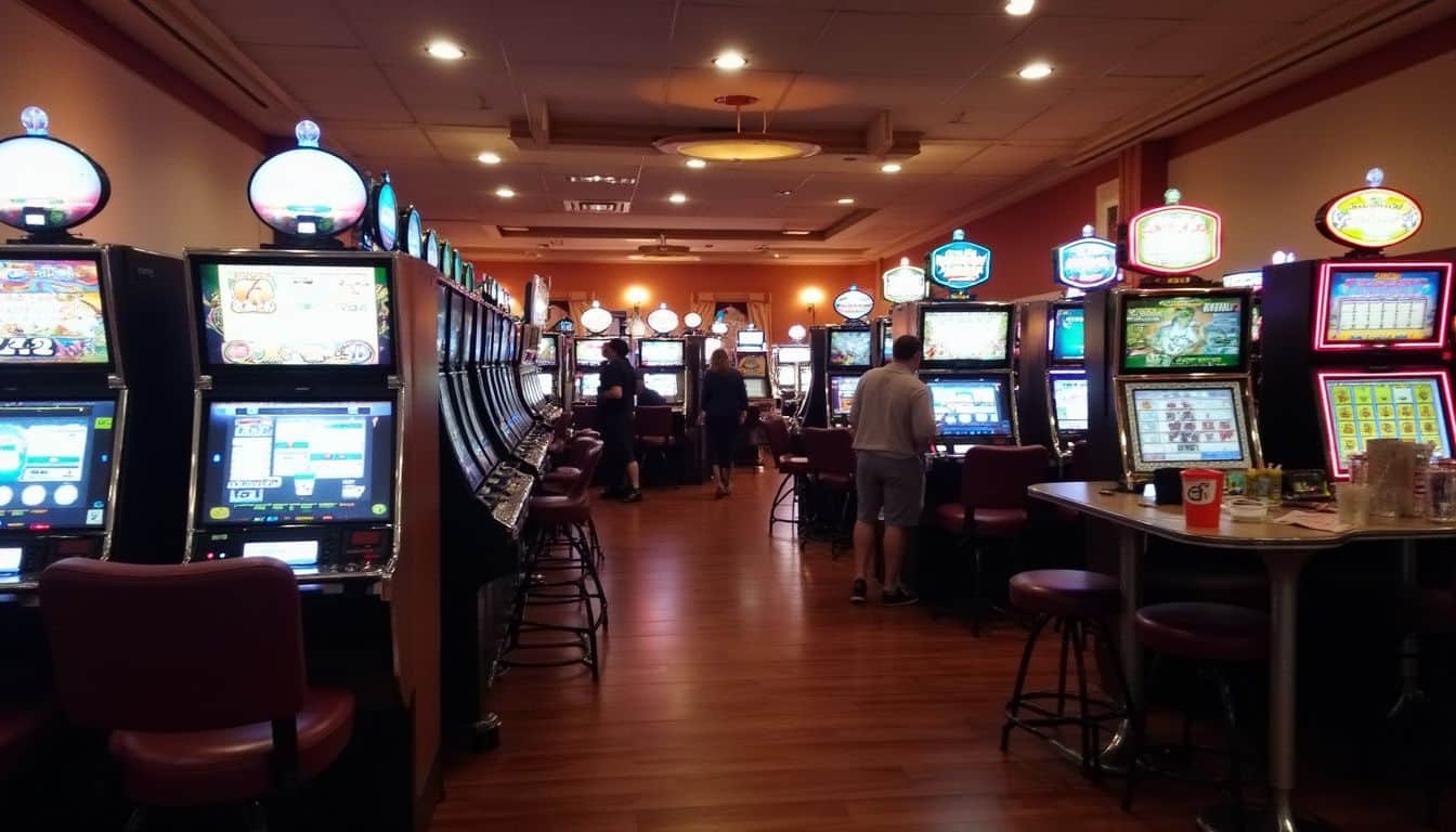 A busy casino scene featuring rows of slot machines, gaming tables, and people interacting in a lively atmosphere. Colorful casino gaming machines featuring bright screens and neon lights in a lively gaming arcade environment.