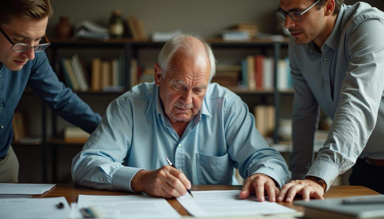 A middle-aged man reviews a contract at a cluttered desk while a casually dressed lawyer offers guidance. Overwhelmed elderly man reviewing documents with two young professionals in an office setting for financial planning or legal consultation.