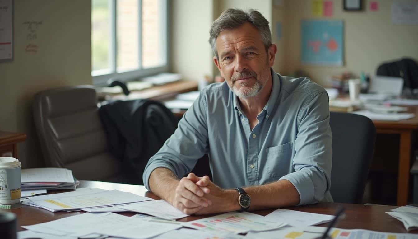 A middle-aged man in a wrinkled shirt sits at a cluttered table, appearing thoughtful during a workday. Business professional man working at office desk with documents and coffee.