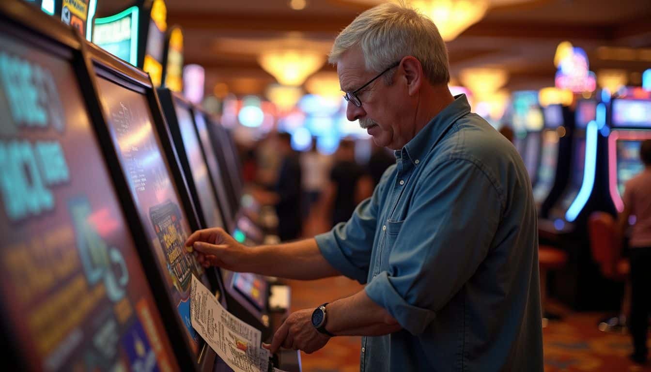 A middle-aged man updates signs and assembles advertising materials in a bustling casino filled with people. A middle-aged man playing a slot machine at a casino, surrounded by colorful lights and other players, enjoying leisure time in a lively gambling environment.