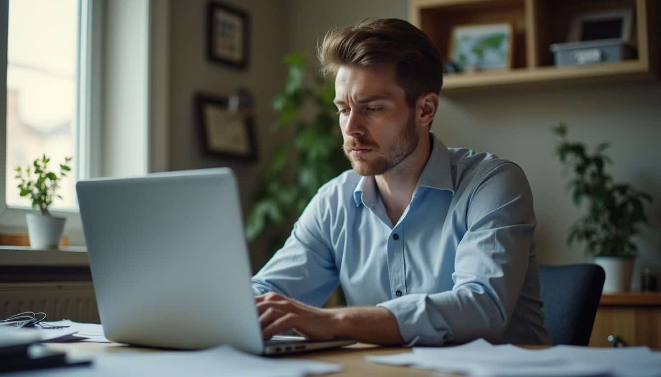 A man in his 30s works intently on his laptop at a cluttered home office desk. Focused man working on a laptop at home, digital work, modern workspace, concentration, professional man, home office, freelance work, remote work, casual business attire, indoor setting, green plants, natural light, tech-savvy, workspace productivity, male professional, computer work, job focus, entrepreneur, work from home.