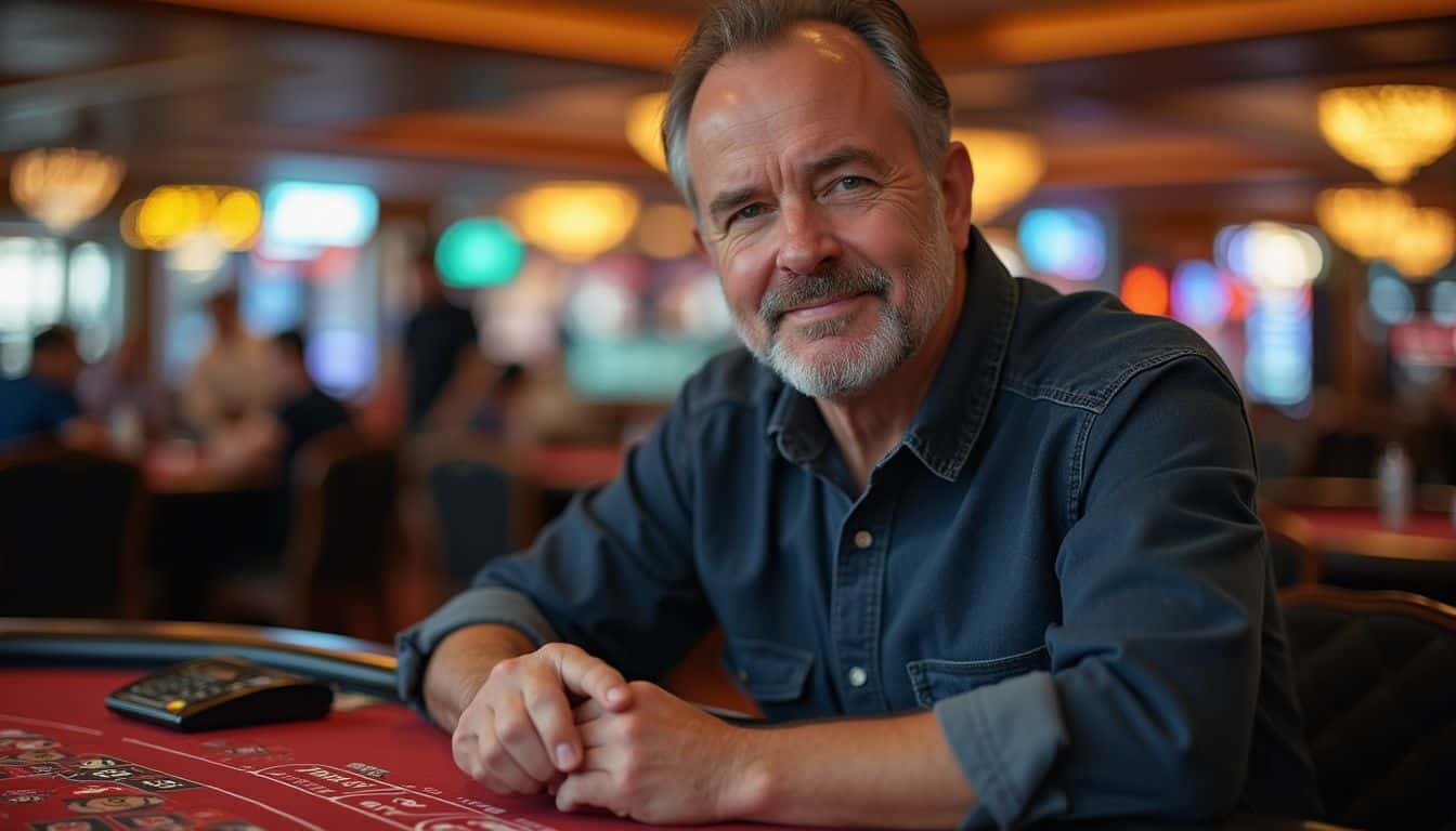 A middle-aged man casually plays a live dealer game at a bustling casino table. Relaxed middle-aged man playing blackjack at a casino table, smiling confidently, with a blurred lively casino background, capturing leisure, gaming, and mature entertainment themes.