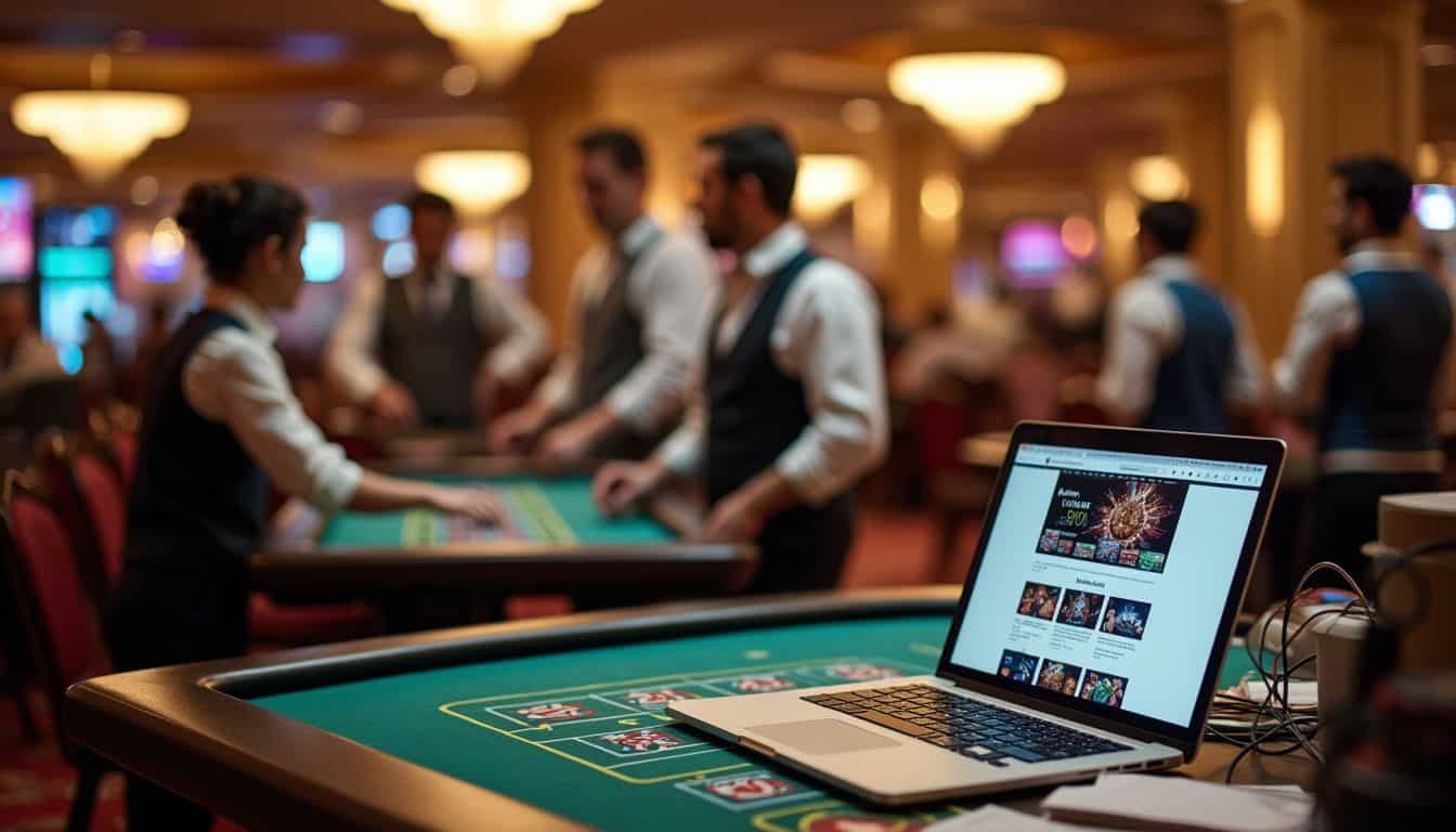 A casual snapshot of a busy casino floor with croupiers and an open laptop displaying an online casino website. A person using a laptop at a casino table with croupiers and gaming tables in the background.