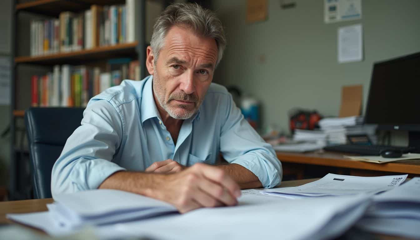A middle-aged man sits at a cluttered desk, showing frustration while dealing with invoices and maintenance papers. Slightly serious middle-aged man in a dress shirt sitting at his cluttered desk in an office, looking directly at the camera with a thoughtful expression, surrounded by paperwork, books, and office supplies, emphasizing professional work environment for Unfinished Man SEO content.