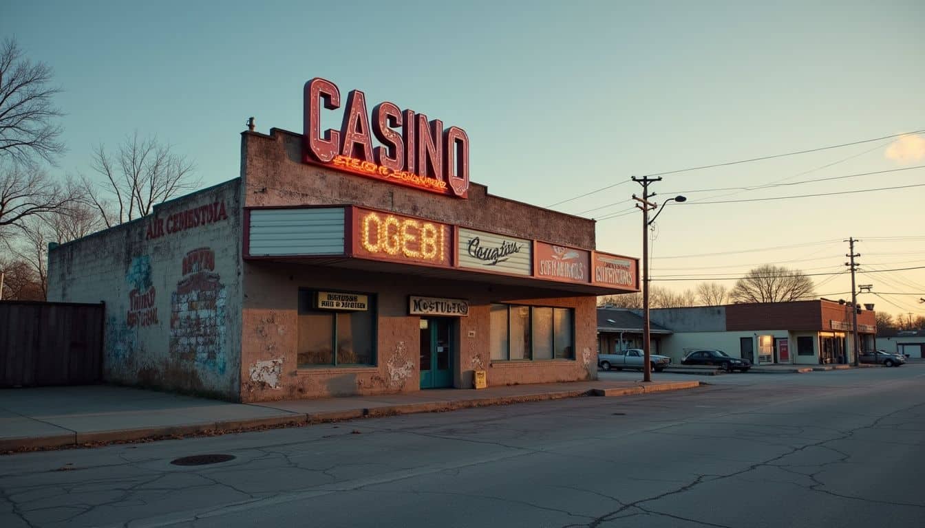 A rundown casino building stands in an empty parking lot, showcasing its faded sign and worn pavement at sunset. Clothing store in a small town with rustic brick exterior and neon signage at sunset.
