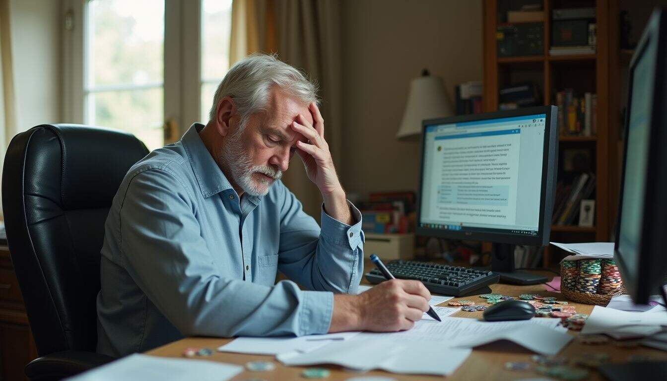 A middle-aged man sits at a cluttered desk, looking worn out while reviewing gambling rules on his computer. Frustrated older man with gray hair at cluttered desk, holding head in frustration with computer and papers, feeling stressed and overwhelmed.