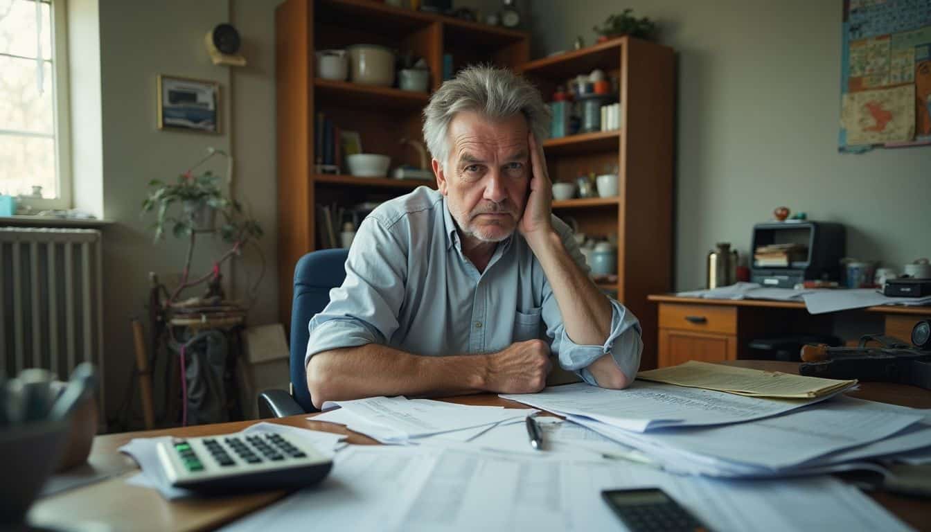 A tired middle-aged man sits at a cluttered desk, surrounded by papers and tax forms, looking frustrated. Frustrated middle-aged man sitting at cluttered desk in home office, showing stress and exhaustion, surrounded by papers and office supplies.