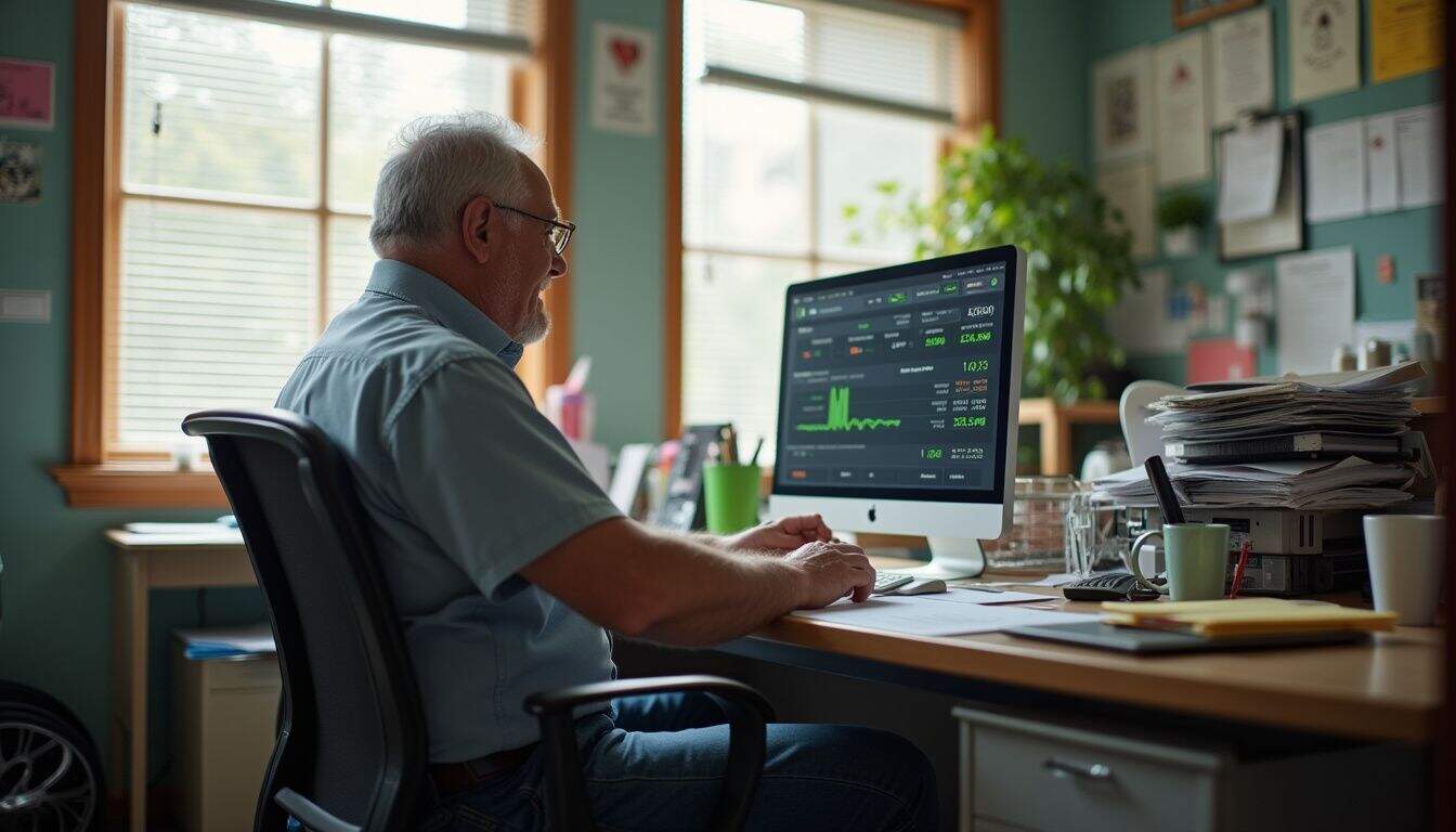 A casual workspace features a person at a cluttered desk with a computer displaying casino loans and investment data. Stock photo of an older man analyzing financial data on a computer in a home office, demonstrating focus and expertise in investment and market trends, with a bright window background.
